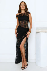 Sultry Spin Lace Off Shoulder Maxi Dress Black