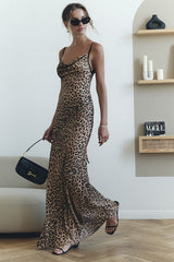 Leopard Cowl Neck Backless Maxi Dress