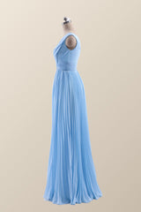 V Neck Blue Chiffon A-line Long Bridesmaid Dress