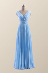 V Neck Blue Chiffon A-line Long Bridesmaid Dress