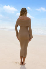 Caramel Kiss Knit Strapless Long Sleeve Maxi Dress Mocha