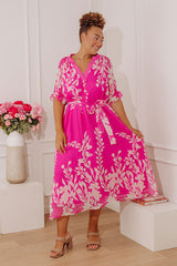 Whispering Blooms Midi Dress in Hot Pink Curves