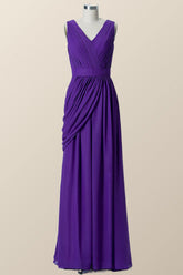 V Neck Purple Pleated Chiffon A-line Bridesmaid Dress