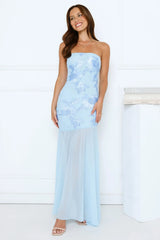 Timeless Affair Strapless mesh Maxi Dress Blue