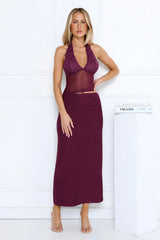 Haute Mode Mesh Halter Maxi Dress Plum