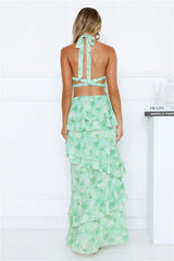 Summer Haze Floral Print Halter Maxi Dress Green