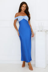 Luxe And Likes Off Shoulder Satin Maxi Dress Blue