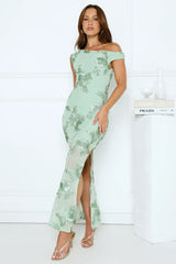 Studio Flora Mesh Off The Shoulder Maxi Dress Sage