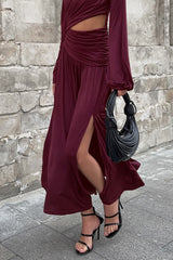 Vintage Round Neck Long Sleeve Cutout Maxi Dress