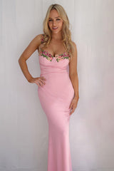 Floral Cup Detail Lace-Up Bodycon Maxi Dress