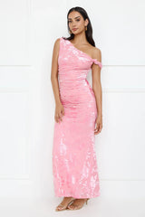 Sultry Poise Mesh Off Shoulder Maxi Dress Pink
