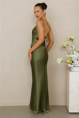 The Evangeline One Shoulder Satin Maxi Dress Olive