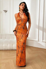 Sexy V-neck Halter Backless Floral Print Maxi Dress