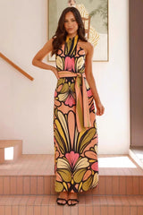 Floral Print Halter Belted Waist Maxi Dress