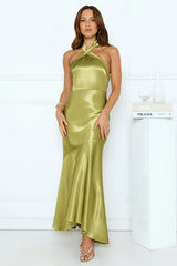 Moonlit Petal Kiss Satin Halter Maxi Dress Olive