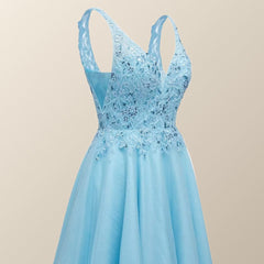 V Neck Blue Appliques Tulle A-line Short Dress