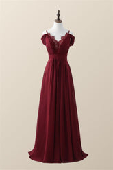 Straps Wine Red Chiffon A-line Long Bridesmaid Dress