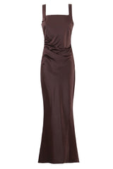 Square Neck Navy Blue Ruched Fitted Long Dress