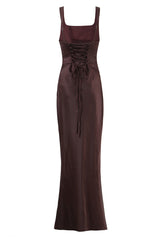 Square Neck Navy Blue Ruched Fitted Long Dress