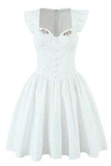 Yellow Cap Sleeve Flower Embroidery Ruched Dress