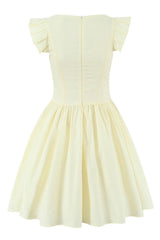 Yellow Cap Sleeve Flower Embroidery Ruched Dress