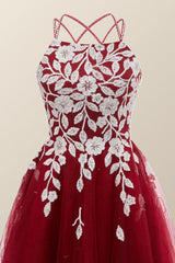 Wine Red Tulle and White Appliques A-line Dress