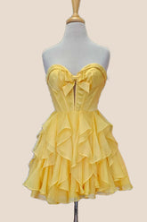Yellow Sweetheart A-line Short Chiffon Ruffle Dress