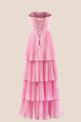 Yellow Chiffon Pleated A-line Tiered Maxi Dress