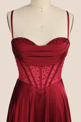 Wine Red Beaded Corset A-line Prom Dress