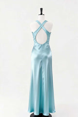 V Neck Light Blue Satin Long Dress