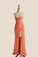 Yellow Corset Ruched Slit Long Prom Dress