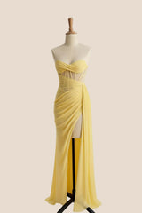 Yellow Corset Ruched Slit Long Prom Dress