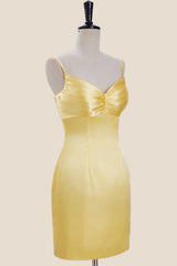 Straps Yellow Ruched Satin Bodycon Short Dress