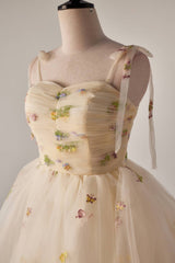Tie Shoulder Champagne Floral Short Party Dress