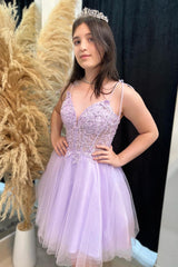 V-neck Lilac Appliques Sparkle Tulle Short Dress