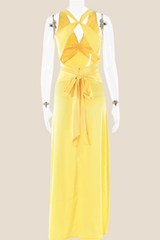Twist V-neck Light Blue Open Back Sheath Long Dress