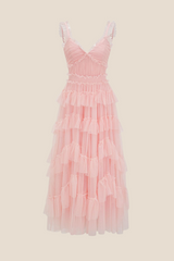 V-neck Blue Ruffle Tiered A-line Long Dress