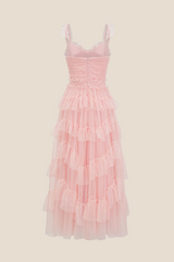 V-neck Blue Ruffle Tiered A-line Long Dress