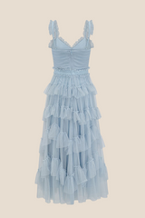 V-neck Blue Ruffle Tiered A-line Long Dress