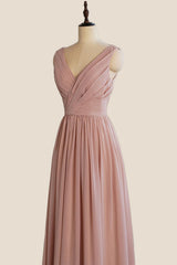 V Neck Blush Pleated A-line Long Dress