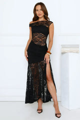 Sultry Spin Lace Off Shoulder Maxi Dress Black