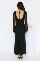 Golden Flower Mesh Long Sleeve Maxi Dress Black