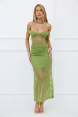 Paid In Full Off Shoulder Lace Maxi Dress Green