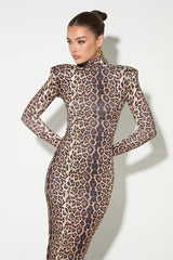 Elegant Leopard Mock Neck Bodycon Maxi Dress