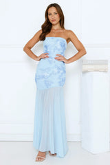 Timeless Affair Strapless mesh Maxi Dress Blue