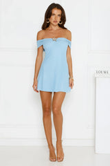 Island Haze Off Shoulder Mesh Mini Dress Blue