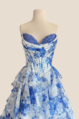 Sweetheart Blue Floral Corset A-line Ruffle Gown