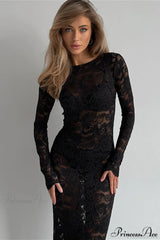 Jacquard Sheer Lace Long Sleeve Mermaid Maxi Dress