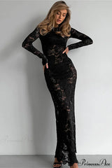 Jacquard Sheer Lace Long Sleeve Mermaid Maxi Dress