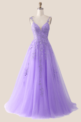 V Neck Lavender Lace A-line Long Prom Dress